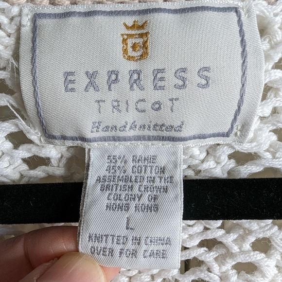 😃Express vintage bobble handknits cotton v neck sweater ivory tan sz L - Picture 6 of 6